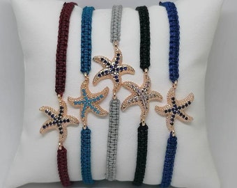 Starfish Bracelet with Turquoise, Sapphire Cubic Zirconia Beads. Adjustable Macrame Bracelet for Everyday Wear. Starfish Charm Gift for Her