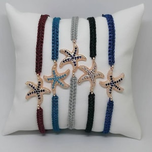 Starfish Bracelet with Turquoise, Sapphire Cubic Zirconia Beads. Adjustable Macrame Bracelet for Everyday Wear. Starfish Charm Gift for Her