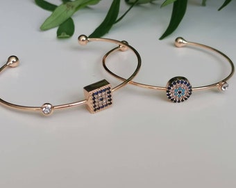 Evil Eye Rose Gold Cuff Bangle with Sapphire and Cubic Zirconia Stones /Circular or Square Evil Eye / Evil Eye Jewellery / Bracelet / Gift