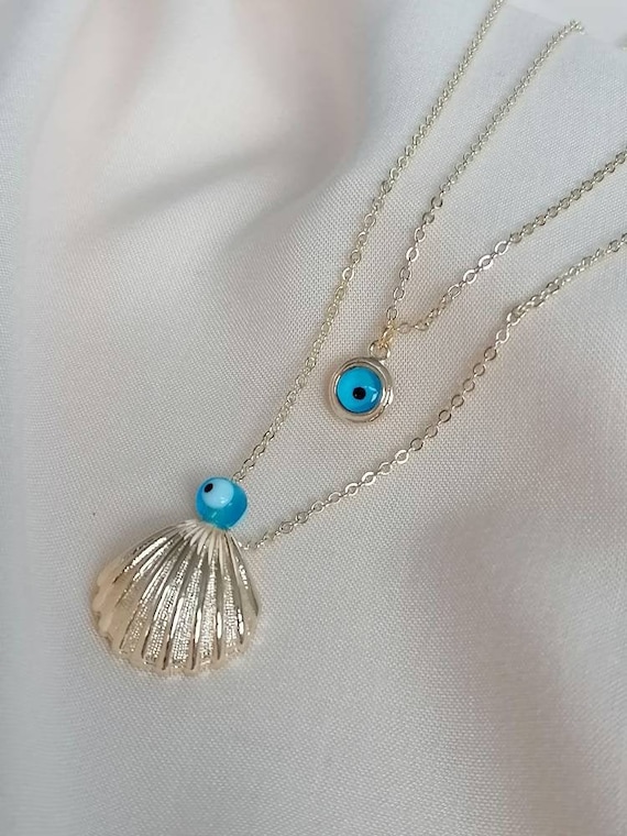 Evil Eye Stacking Shell Necklace in Gold With Resin Bead Charm - Etsy UK