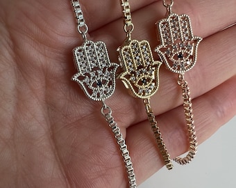 Hamsa-handarmband med skjutdörrsstängning - Fatimas handarmband finns i guld, silver eller roséguld med kubiska zirkoniastenar - Gåva