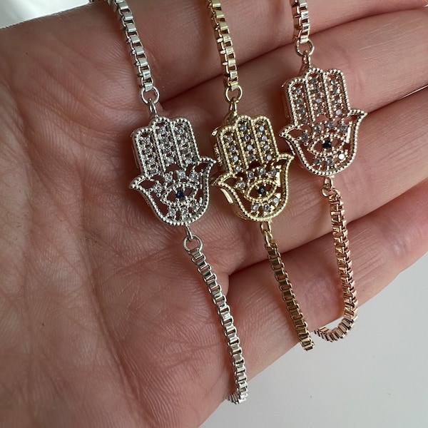 Hamsa Hand Bracelet with Slider Closure - Fatima's Hand Bracelet available in Gold, Silver or Rose Gold with Cubic Zirconia Stones - Gift