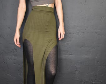 Falda larga con abertura - Cintura alta - Verde oliva