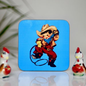 Cowboy Coasters - Retro - Vintage - Cute - Blue - Kitsch Republic Coaster - Personalisation Available - Drinks Coasters Kids Bedroom
