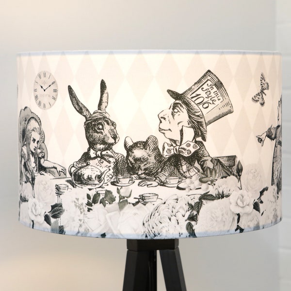 Lampshade Alice in Wonderland  Black and White Velvet - Drum Lamp Shade - 25cm 30cm 40cm 45cm  Table lamp shade, ceiling Shade, Pendant