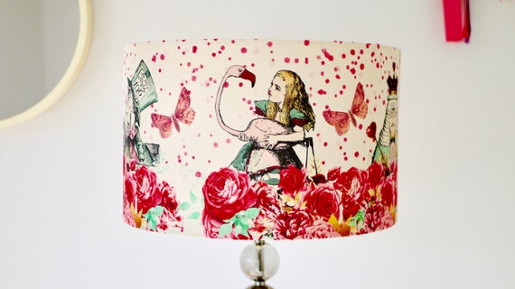 Alice in Wonderland Pink Cream Lampshade Drum Lamp Shade 20cm 25cm 30cm 40cm Mad Hatters Tea Party Table Lamp Pendant Lamp Ceiling Shade