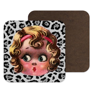 Doll Face Leopard Print Coasters - Rockabilly Retro Vintage Dolls Odd - Kitsch Republic - Personalisation Available Weird