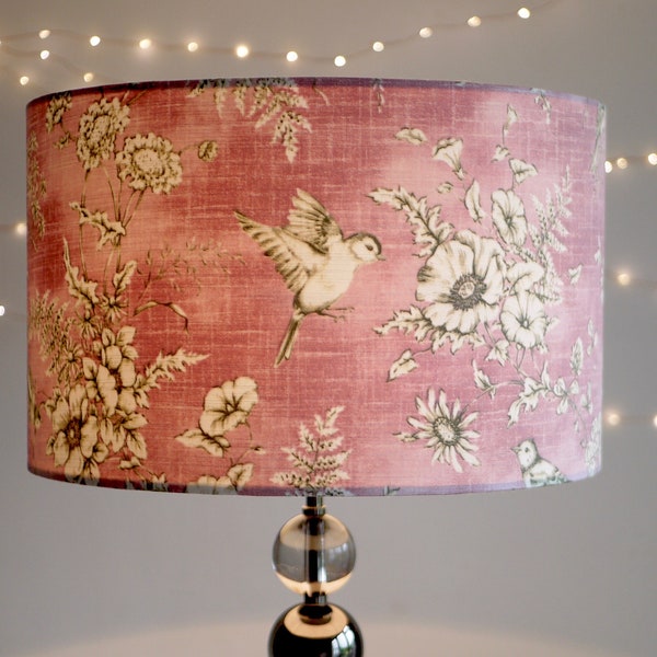 Pink Bird Lampshade  30cm 40cm Drum Lamp shade - Vintage Birds Lamp Shade, Dusky Pink, Handmade Home Decor Ceiling Lamp Table Lamp