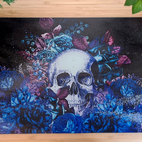 Skulls and Flowers  Toughened Glass Chopping Board / Worktop Saver / Cutting Board / Placemat / Kitchen Accessory Horror Skeleton