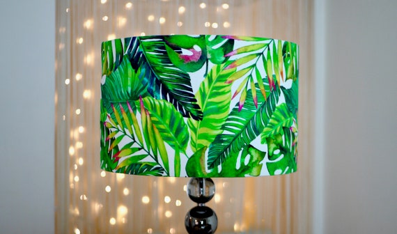 Tropical Leaves Lamp Shade 20cm 25cm 30cm 40cm - Botanical Green Exotic Palms Drum Lampshade - Handmade Homewares, Bedroom - Kitsch Republic