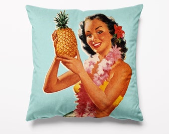 Tiki Pineapple Lady GARDEN CUSHION - Waterproof - Outdoor - Water Resistant - Cushions Pillows - 18" Square, 45cm x 45cm