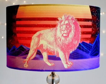 Velvet Lampshade - Neon Crazy Lion - 1980s Retro - 25cm 30cm 35cm 40cm  Diameter - Floor Lamp Shade - Bedroom Lampshade - Ceiling Lampshade