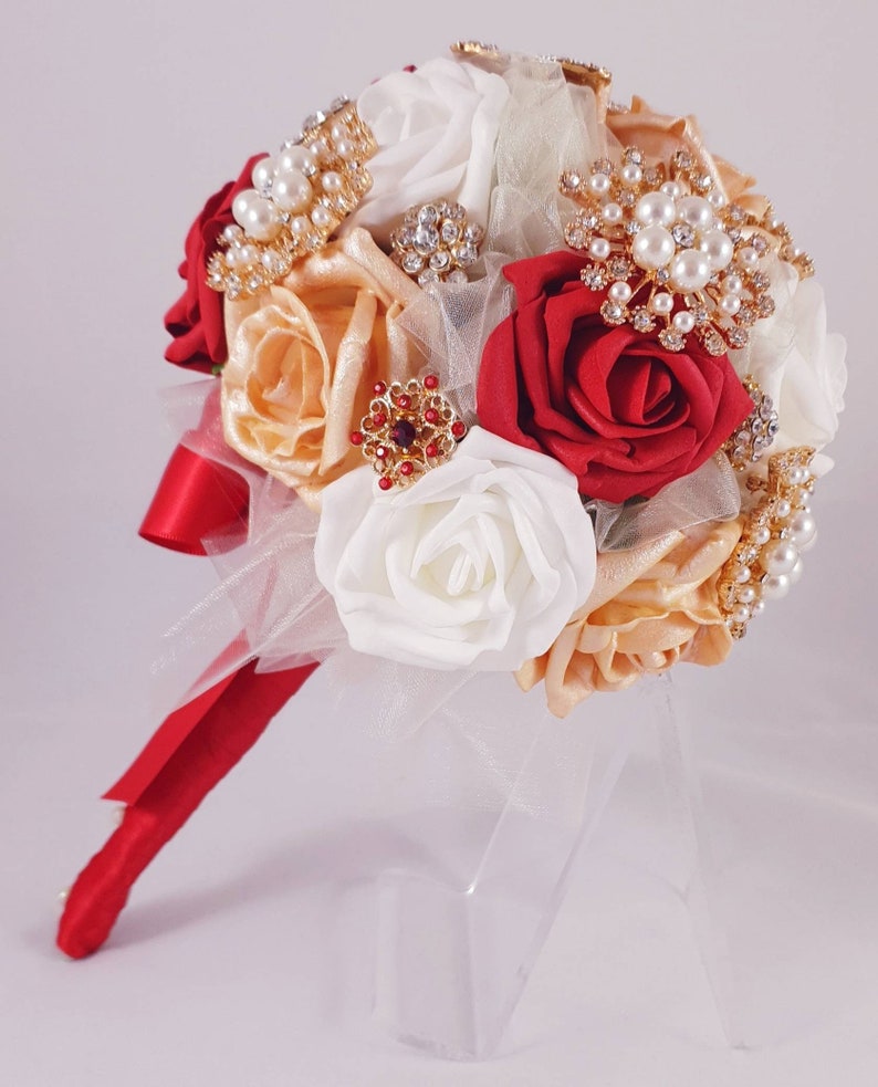 gold brooch bouquet Red wedding bouquet bridesmaid bouquet Red brooch bouquet butterfly red wedding flowers red bridal bouquet