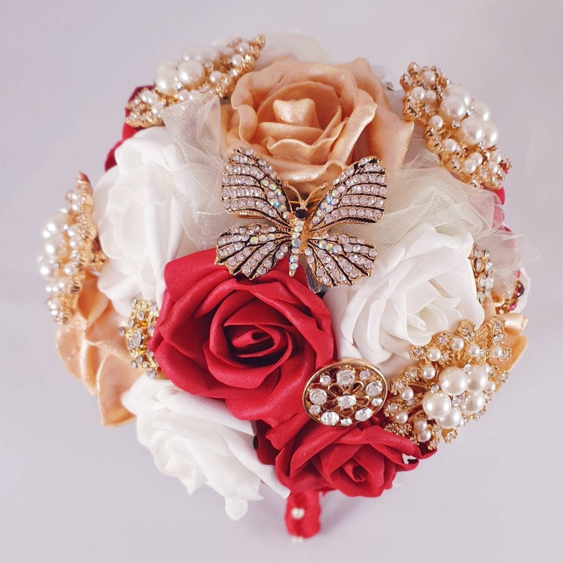 gold brooch bouquet Red wedding bouquet bridesmaid bouquet Red brooch bouquet butterfly red wedding flowers red bridal bouquet