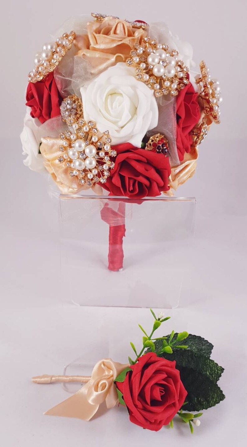 gold brooch bouquet Red wedding bouquet bridesmaid bouquet Red brooch bouquet butterfly red wedding flowers red bridal bouquet