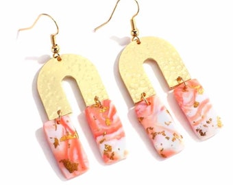 Inverted U graphic earrings polymer clay gold leaf women's gift