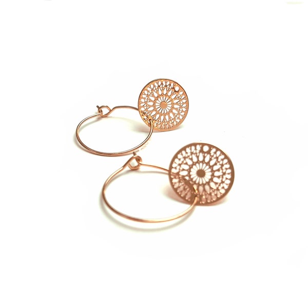 Boucles d'oreilles créoles Chakra équilibre mandala yoga zen, filigranne doré or fin 1micron