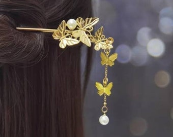 Bun stick, golden hair jewel, butterfly tassels