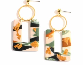 Boucles d'oreilles graphiques argile polymère feuille d'or cadeau femme