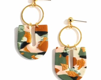 Graphic earrings U polymer clay gold leaf women's gift