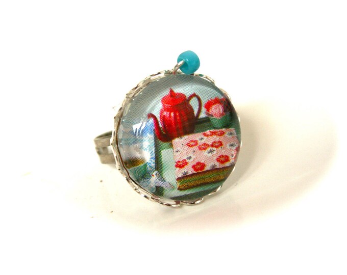 Ring cabochon Tea, cup cakes, flowers of Japan boho chic cabochon glass ring adjustable jewels POP
