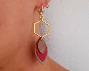 Pendientes de lanzadera de cuero, hexágono, regalo de mujer.