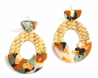 Graphic earrings polymer clay gold leaf women's gift