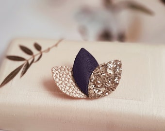 Lotus leather brooch navy blue petals gold glitter gold gift