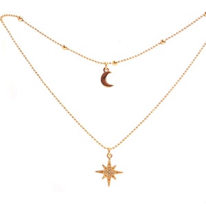 Women's polar star moon multi-row thin necklace