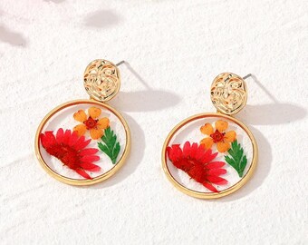 Resin earrings naturalized dried flowers red green