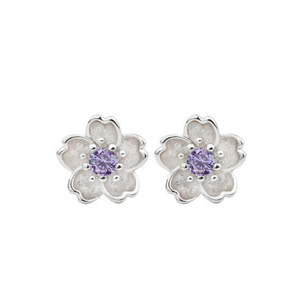 Studs, 925 silver earrings flower zircon amethyst