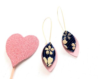 Pendientes japoneses de cuero y tela regalo mujer bisutería original