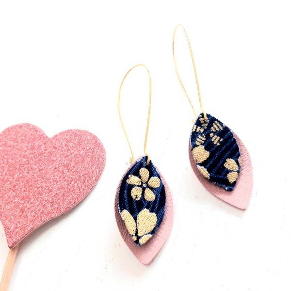 Boucles d'oreilles cuir et tissu japonais cadeau femme bijou fantaisie original