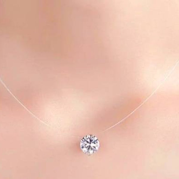 JUL et FIL Collier invisible argent 925 femme solitaire cristal sur fil nylon cadeau femme bijou fantaisie original