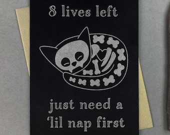 Metallic Cat Skeleton Letterpress Card | Goth Creepy
