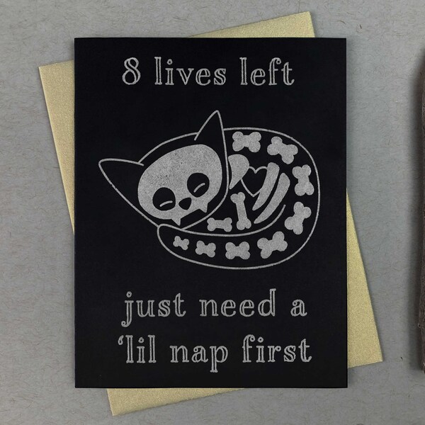 Metallic Katzen-Skelett Letterpress Karte | Gothic Gruselig