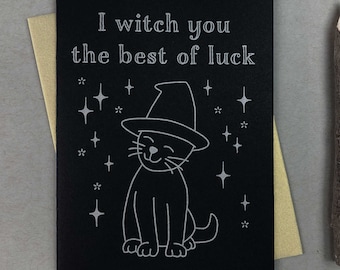 Witch Cat Letterpress Good Luck Card | Pastel Goth Card