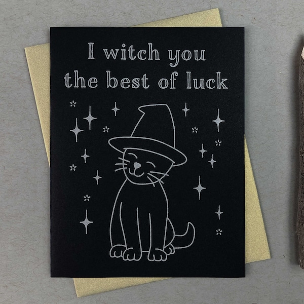 Hexe Katze Letterpress Glückskarte | Pastell Goth Karte