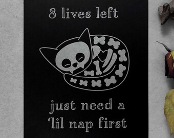Cat skeleton letterpress print | witchy decor pastel goth