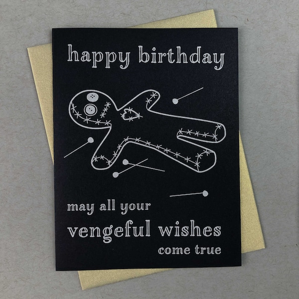 Lustige Voodoo-Puppen-Geburtstagskarte | Gothic Witch Letterpress Grußbild