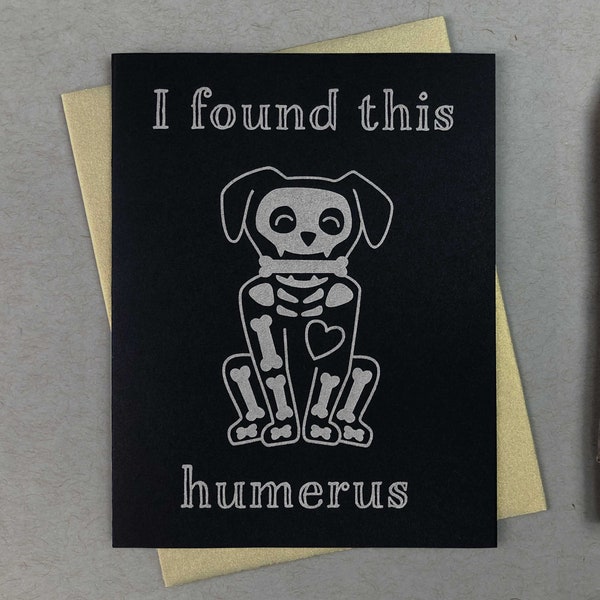 Lustige Hunde Skelett Karte | Metallic Letterpress, Goth Freundeskarte