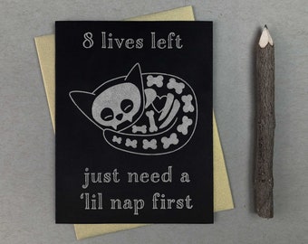 Cat skeleton card | letterpress card | pastel goth creepy cute witchy things friendship card