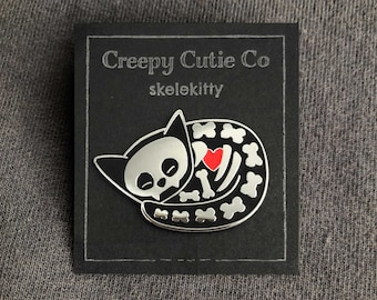 Cat enamel pin / cat pin creepy cute cat skeleton occult pin black cat pastel goth