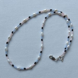 Freshwater Pearl Necklace -- Blue & Pink Seed Bead Necklace -- Rice Pearl Necklace  -- Minimalist -- Necklace and Earrings Set