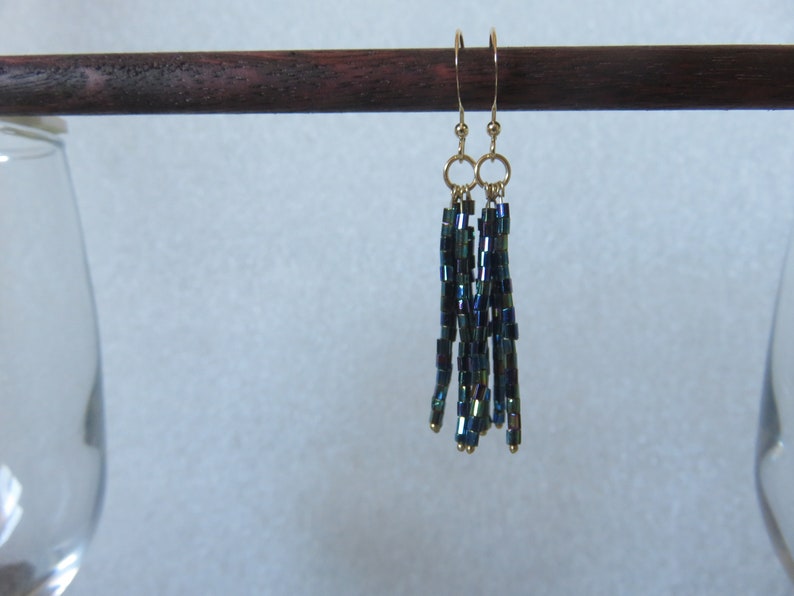 Peacock seed beads on gold filled Iridescent glass seed bead earrings 14K gold filled