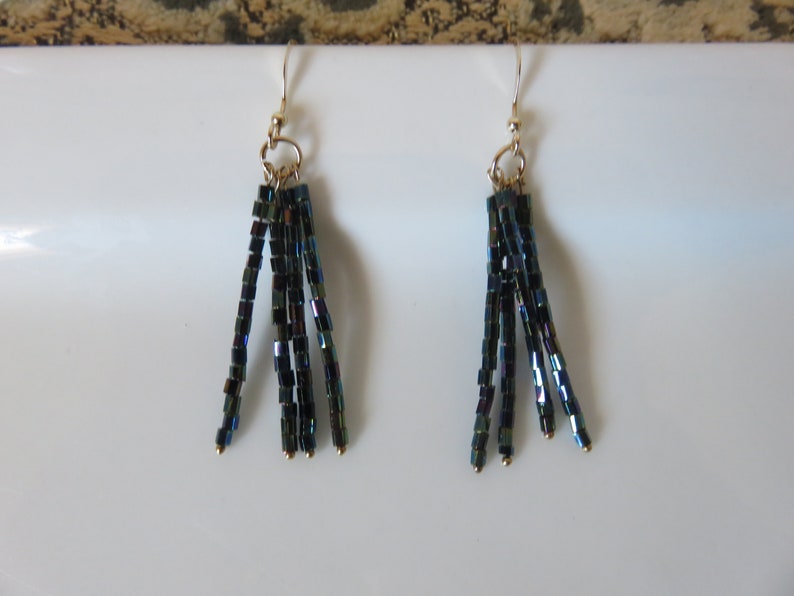 Peacock seed beads on gold filled Iridescent glass seed bead earrings 14K gold filled