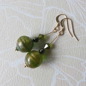 Murano Glass Earring -- Green & Gold Drop Earrings  -- 14K Gold Filled -- Italian Venetian Glass