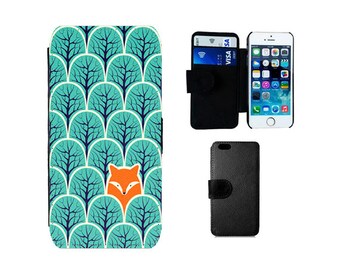 iPhone Wallet flip case 13 14 12 11 Pro Max Mini, SE 2020, XR, XS Max, 7 8 6S Plus, cute fox phone cover.