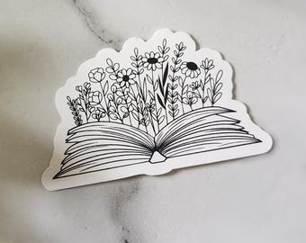 Black and White Floral Book Vinyl Sticker