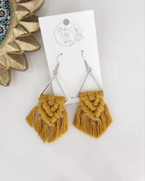 Mustard Yellow Macrame Earrings Macrame Dangle Earrings Boho - Main Image